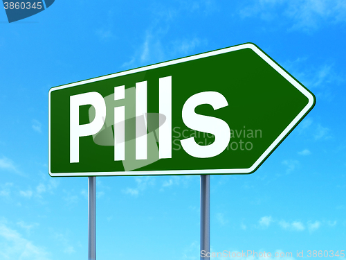 Image of Medicine concept: Pills on road sign background