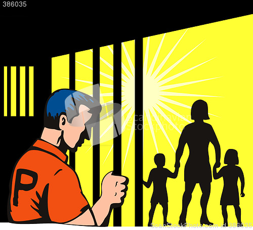 Image of Prisoner behind bars with family outside