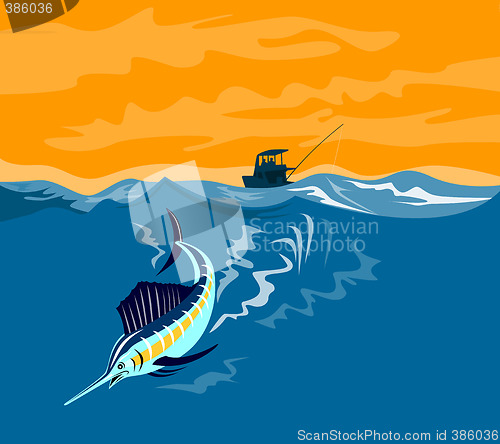 Image of Sailfish with boat in the background