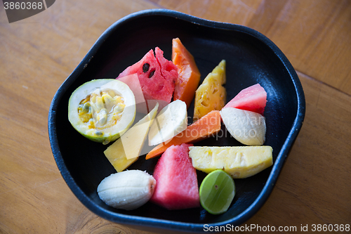 Image of close up of exotic tropical fruits in bowl