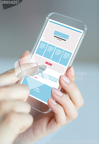 Image of close up of hands with web design on smartphone