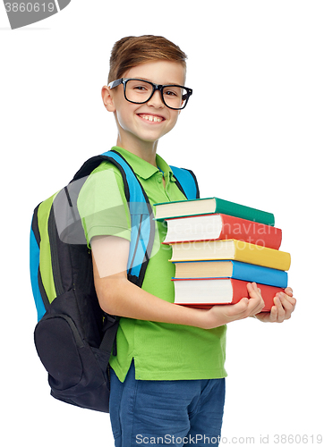 Image of happy student boy with school bag and books