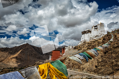 Image of Leh gompa and lungta prayer flags, Ladakh