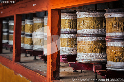 Image of Buddhist prayer wheels in Hemis monstery, Ladakh