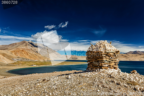 Image of Stone cairn at Himalayan lake Tso Moriri,