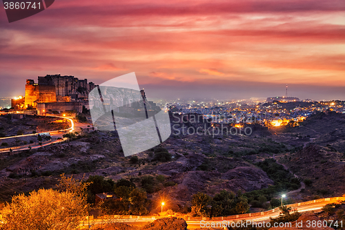 Image of Mehrangarh fort in twilight. Jodhpur, India