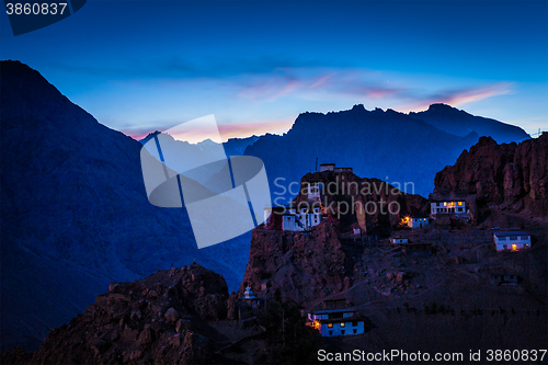 Image of Dhankar gompa in twilight