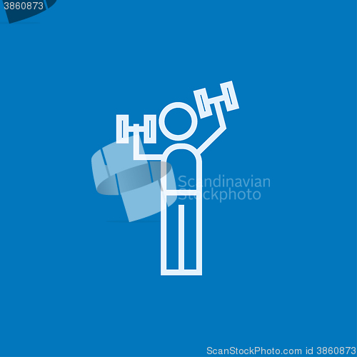 Image of Man exercising with dumbbells line icon.