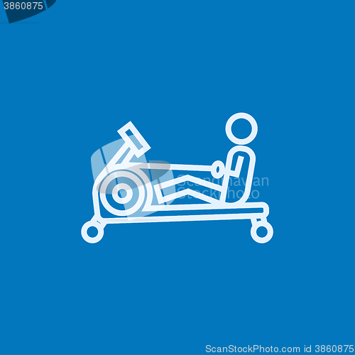 Image of Man exercising with gym apparatus line icon.