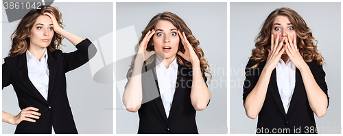 Image of The  collage of young woman\'s portraites with  different  astonished emotions