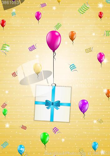 Image of birthday card with balloons and gift