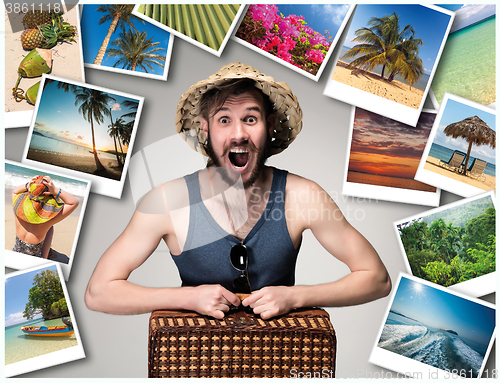 Image of Young, attractive man wtih suitcase ready to travel as tourist on gray background. Collage