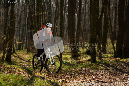 Image of Mountain biker riding on bike in springforest landscape. 