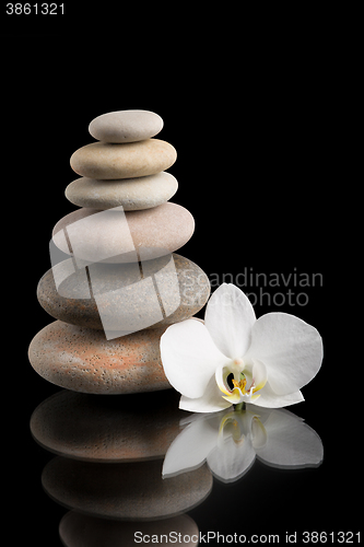 Image of balancing zen stones on black with white flower