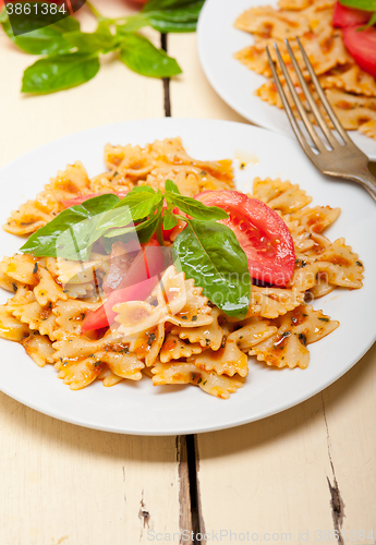 Image of Italian pasta farfalle butterfly bow-tie and tomato sauce