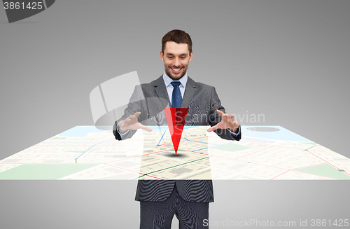 Image of businessman working with virtual gps navigator map