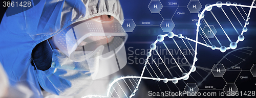 Image of close up of scientist face in chemical lab