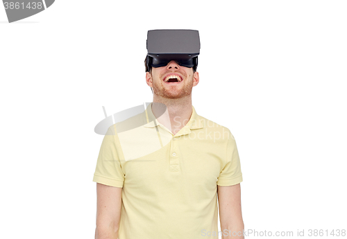 Image of happy man in virtual reality headset or 3d glasses
