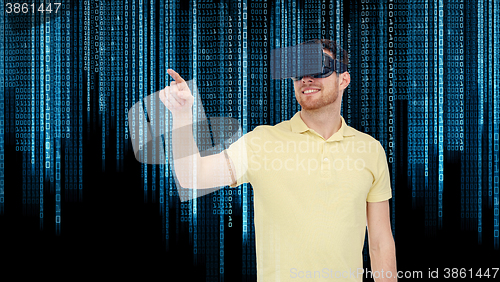 Image of happy man in virtual reality headset or 3d glasses