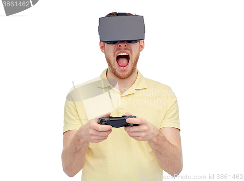 Image of man in virtual reality headset or 3d glasses