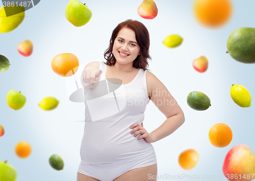 Image of plus size woman in underwear pointing on you