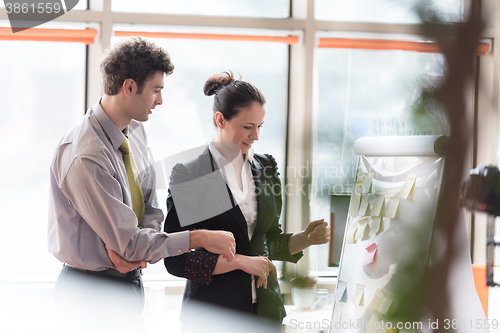 Image of young couple working on flip board at office