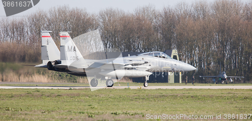 Image of LEEUWARDEN, NETHERLANDS - APRIL 11, 2016: US Air Force F-15 Eagl