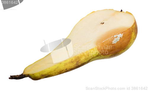 Image of Close up of a pear with white area of fungus growing on it, sele