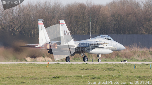 Image of LEEUWARDEN, NETHERLANDS - APRIL 11, 2016: US Air Force F-15 Eagl