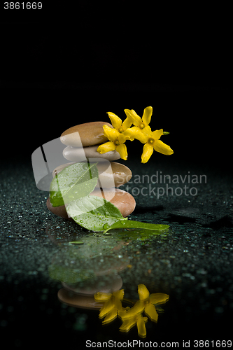 Image of balancing zen stones on black with yellow flower