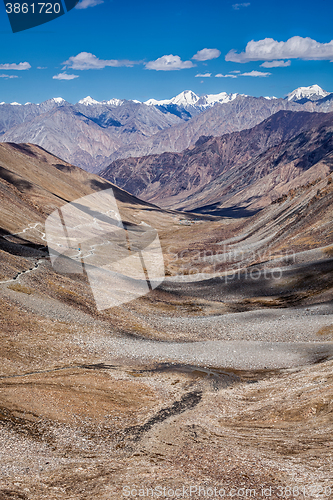 Image of Karakorum Range and road in valley, Ladakh, India