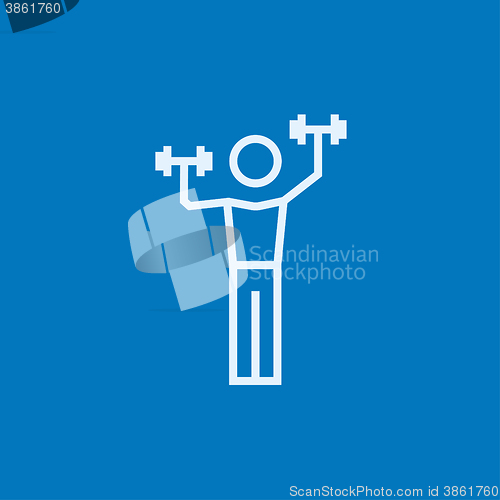 Image of Man exercising with dumbbells line icon.