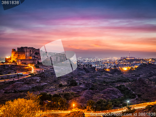 Image of Mehrangarh fort in twilight. Jodhpur, India