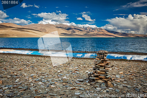 Image of Stone cairn at Himalayan lake Tso Moriri