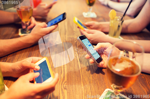 Image of close up of hands with smartphones at restaurant