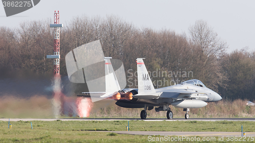 Image of LEEUWARDEN, NETHERLANDS - APRIL 11, 2016: US Air Force F-15 Eagl