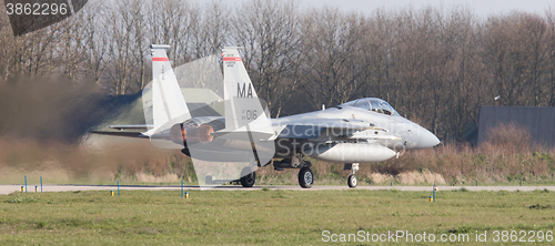 Image of LEEUWARDEN, NETHERLANDS - APRIL 11, 2016: US Air Force F-15 Eagl