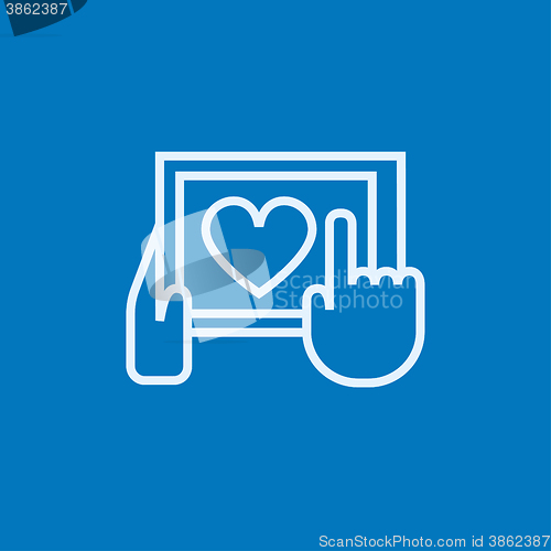 Image of Hands holding tablet with heart sign line icon.