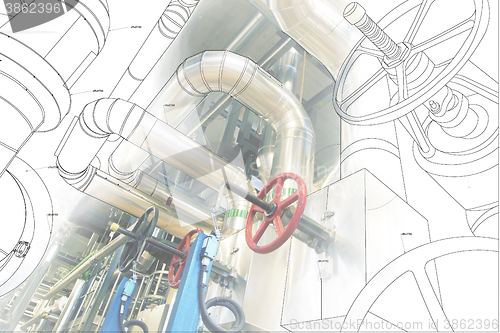 Image of wireframe computer cad design of pipelines for modern industrial