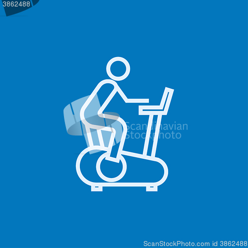 Image of Man training on exercise bike line icon.