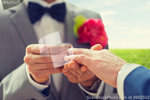 Image of close up of male gay couple hands and wedding ring