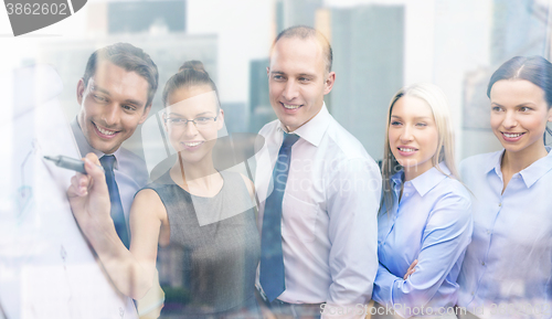 Image of business team with flip board having discussion