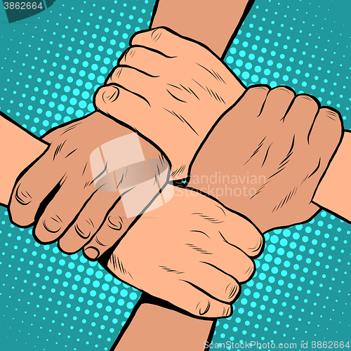 Image of White black solidarity handshake stop racism pop art retro style