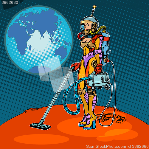 Image of Girl cosmonaut cleaned of Mars