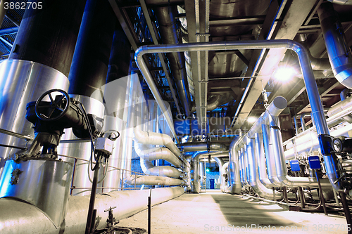 Image of Industrial zone, Steel pipelines, valves, cables and walkways