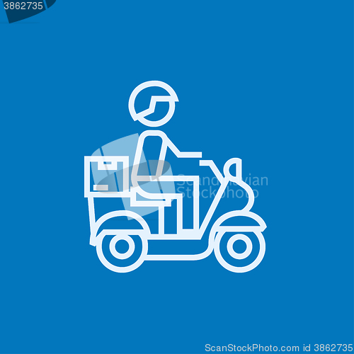 Image of Man carrying goods on bike line icon.