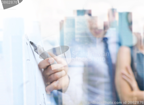 Image of smiling business team with charts on flip board