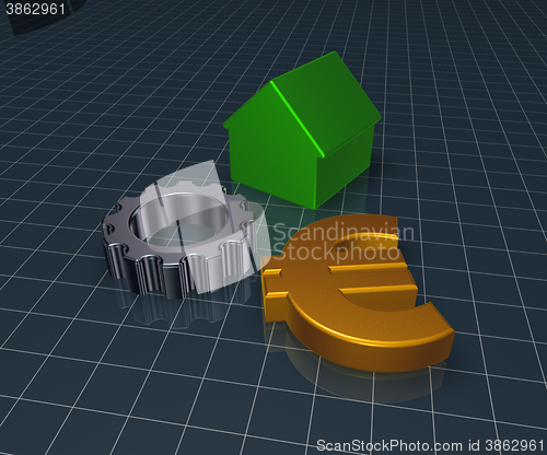 Image of eurosymbol, house and gear wheel - 3d rendering
