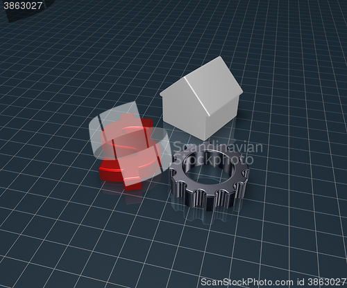 Image of house, gear wheel and dollar symbol - 3d rendering