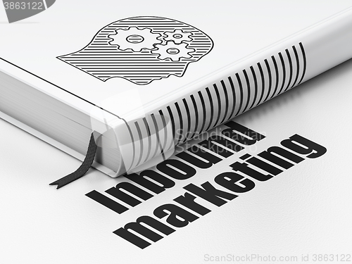 Image of Advertising concept: book Head With Gears, Inbound Marketing on white background